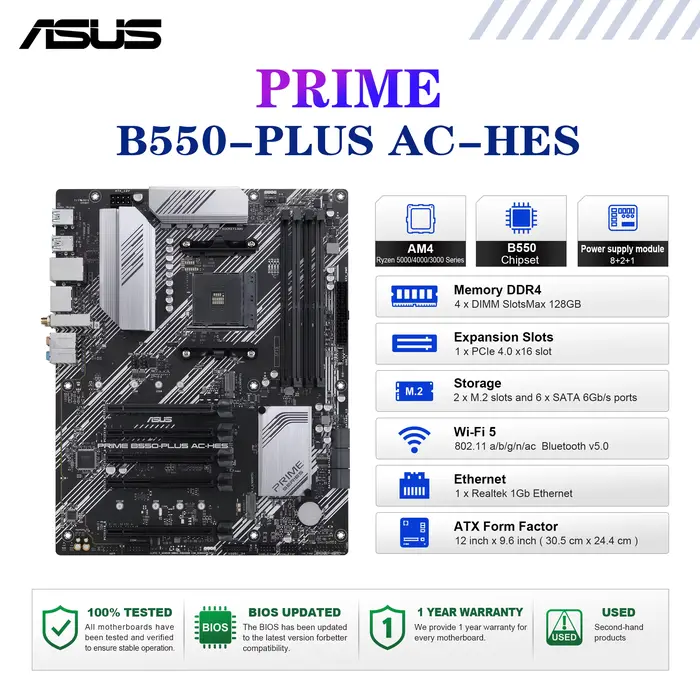 ASUS PRIME B550-PLUS AC-HES carte mère Socket AM4 CPU DDR4 4866 (OC) jeu de puces mémoire B550 ATX c