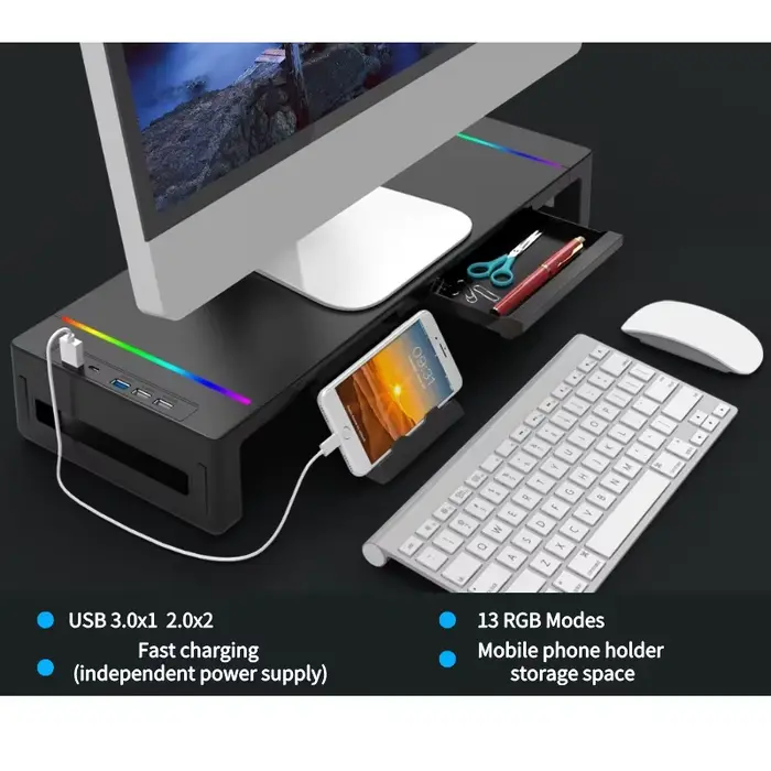 Support de moniteur d'ordinateur multifonctionnel, avec éclairage RGB et Interface de charge rapide,