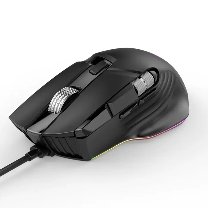 Souris de jeu filaire RGB 7 modes d'éclairage Doubles molettes de défilement Macro programmable 1200-12400 DPI Conception ergonomique pour joueur PC