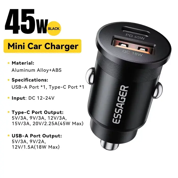 Essager 45W chargeur de voiture charge rapide double Port PD QC3.0 type-c
