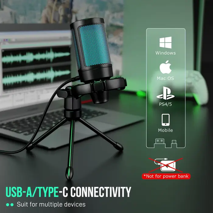 AmpliGame par FIFINE RGB USB Microphone de jeu avec sourdine tactile, micro à condensateur avec trép