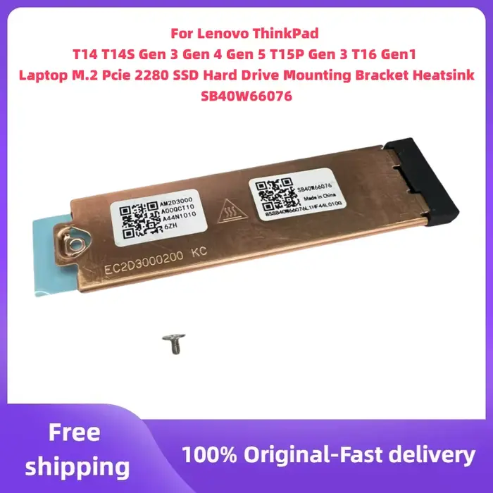 Support de montage et dissipateur thermique pour disque SSD M.2 PCIe 2280 pour ordinateurs portables Lenovo ThinkPad T14, T14S Gen 3, Gen 4, Gen 5, T15P Gen 3, T16 Gen 1