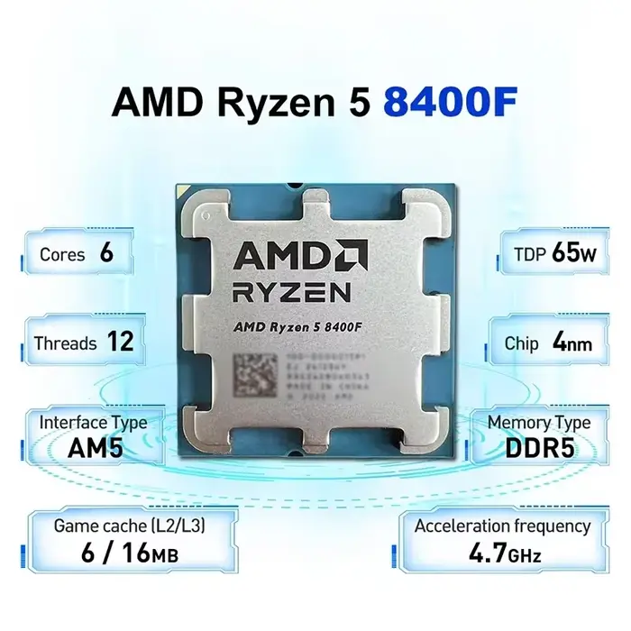 Processeur de jeu AMD R5 8400F Zen4 Premium 6C12T Max 4.2GHz Boost 4NM Faible Dissipation Thermique AM5 DDR5 (Puce Non Montée)