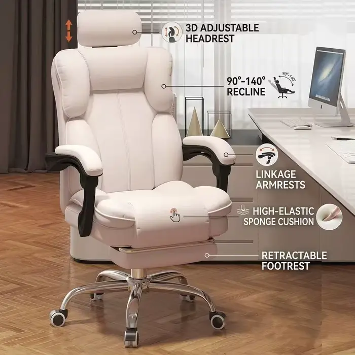 Chaise de bureau ergonomique de luxe à dossier haut en cuir PU avec appui-tête
