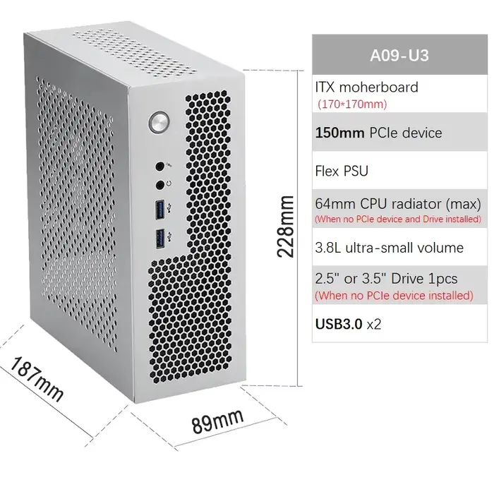 A09 3.8L ITX châssis A4 HTPC ordinateur Portable PC Support PCIe 2.5'SSD lecteur Mini IPC Flex PSU b