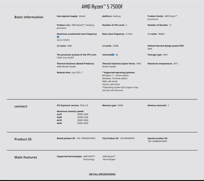 Processeur AMD Ryzen 5 7500F AM5 pour jeux | 5 nm