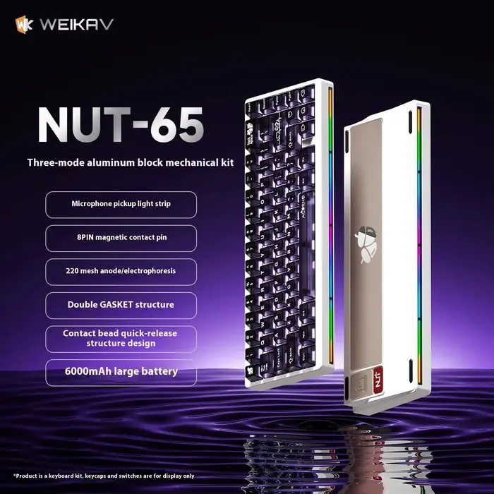 Weikav Nut65 Kit de clavier de jeu mécanique en aluminium Structure de joint ressort à lames plaque FR4 Tri Mode 6000mAh