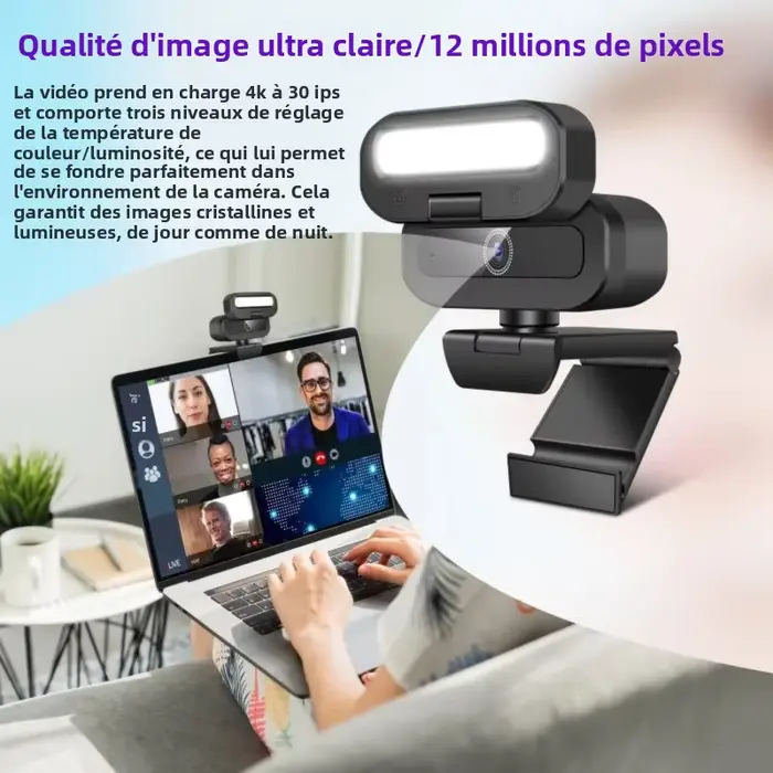 Webcam 4K pour PC avec lumière de remplissage LED