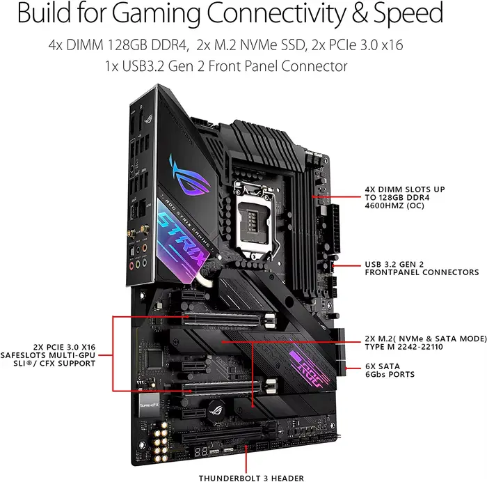 Carte mère ASUS ROG STRIX Z490-E GAMING DDR4 128 Go M.2 PCI-E 3.0 USB3.2 ATX pour processeur Intel de 10e génération