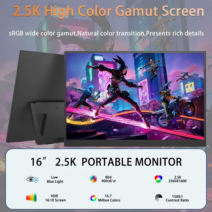 Moniteur de jeu portable 16 pouces 144 Hz 2,5K QHD, deuxième écran pour ordinateur portable Mac, Switch, PS5/4, écran IPS mat 500 nits, USB-C HDMI