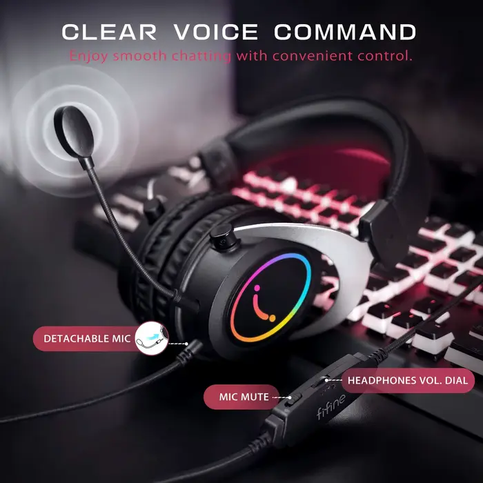 Casque de jeu FIFINE avec contrôle dynamique rvb/micro/en ligne, coussinets d'oreille en mousse à mé