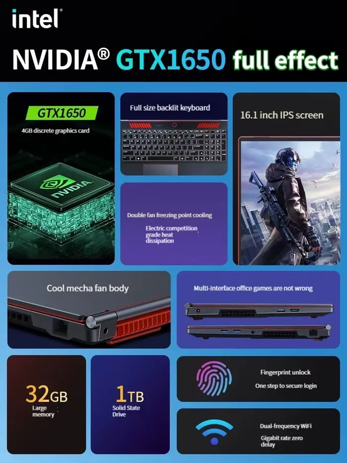 Nouvel ordinateur portable de jeu 2026 Intel Core i9-10885H i7 8750H GTX1650 4G Écran IPS 16