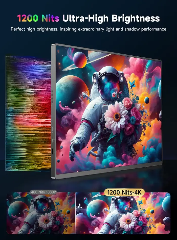 Écran portable UPERFECT 4K 16" 1200 nits pour jeux vidéo 1500:1 100 % sRGB IPS FreeSync HDR USB-C intégré HDMI
