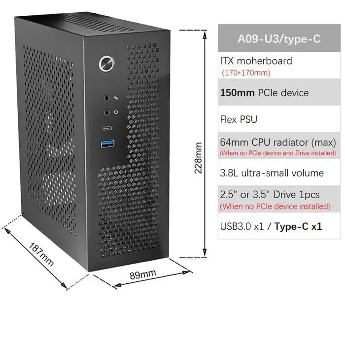 A09 3.8L ITX châssis A4 HTPC ordinateur Portable PC Support PCIe 2.5'SSD lecteur Mini IPC Flex PSU boîtier