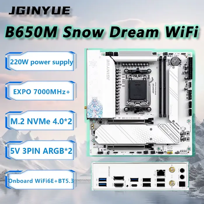JGINYUE B650M neige rêve WiFi carte mère M-ATX pour Ryzen7000/8000/9000 série MAX 9800X3D/9950X3D DD