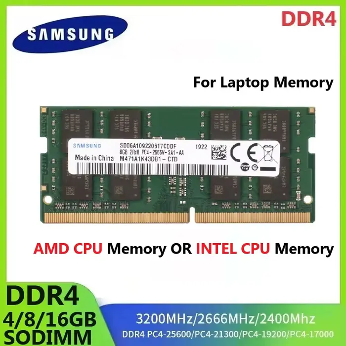 SAMSUNG DDR4 mémoire d'ordinateur portable SODIMM RAM pour CPU Intel ou CPU AMD 4GB 8GB 16GB 3200 26