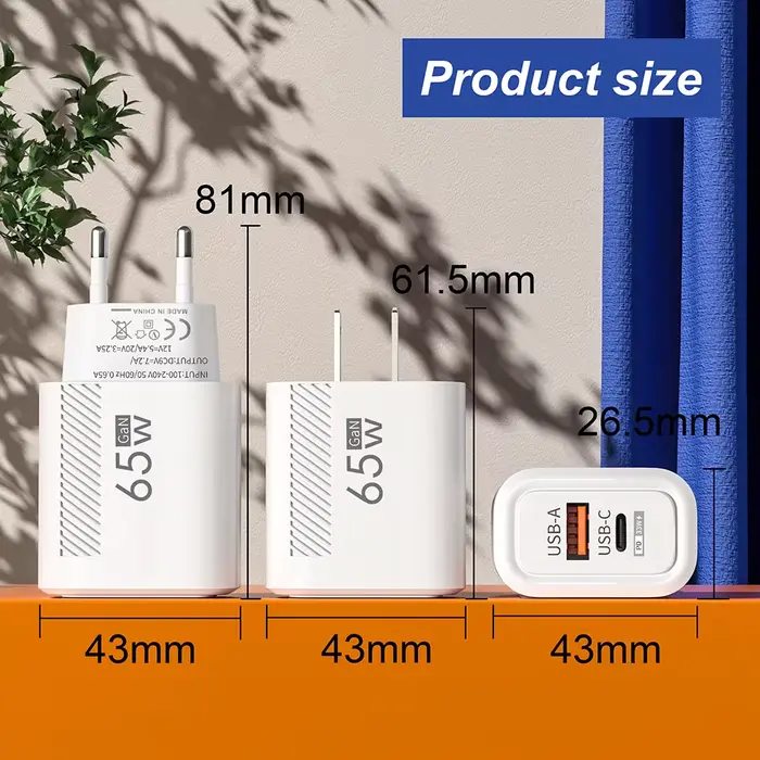 65W GaN Charge rapide USB Type C chargeur US EU Plug PD 3.0