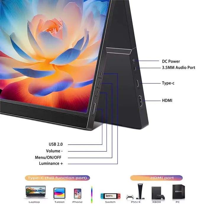 17.3 ''Monitor Portable USB-C HDMI écran LCD d'affichage d'ordinateur pour PC Mac téléphone Xbox Switch PS