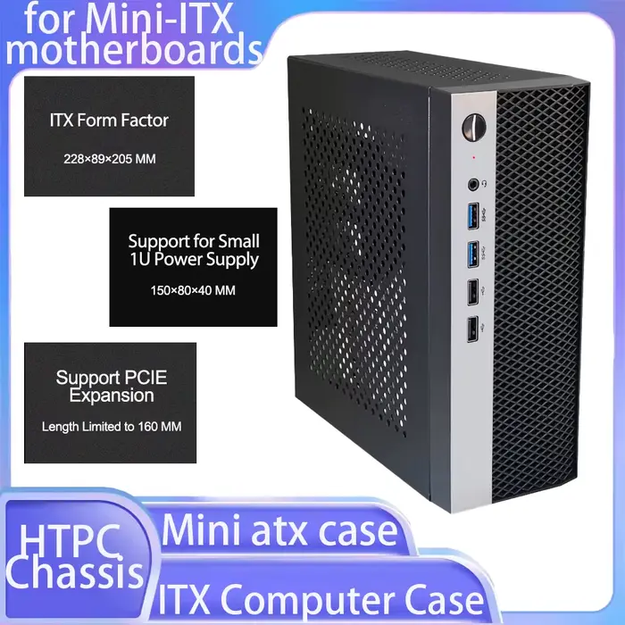 Mini boîtier d'ordinateur ITX Support de châssis HTPC boîtier d'alimentation 1U avec 4 USB 17*17 car