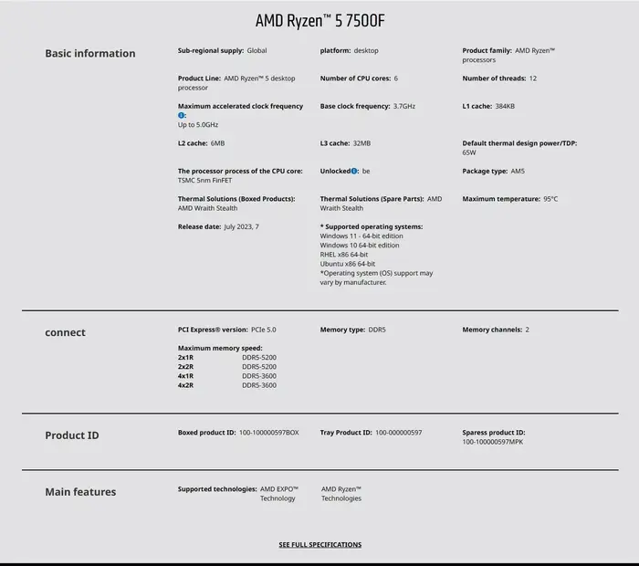 Processeur AMD Ryzen 5 7500F AM5 haute performance
