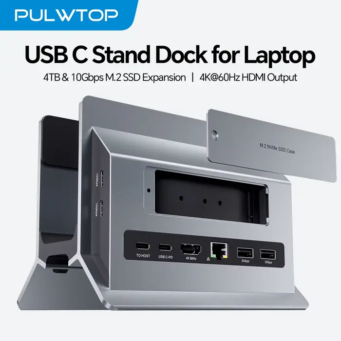 Station d'accueil pour ordinateur portable PULWTOP avec extension SSD M.2, HD 4K, RJ45, USB-C 2USB C