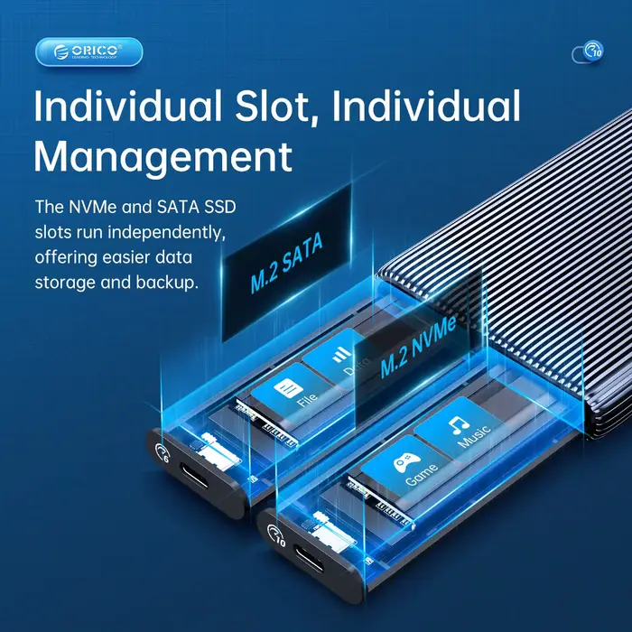 ORICO – boîtier double baie en aluminium pour SSD NVME M.2, USB C 3.1 Gen2, 10Gbps, pour clé M et cl