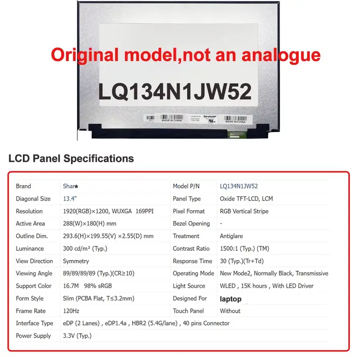 Écran LCD d'origine neuf A+ 13,4 pouces LQ134R1JX45 LQ134N1JW54 LQ134N1JX41 LQ134N1JW01 LQ134N1JW02 