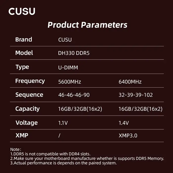 CUSU RAM DDR4 8GB 16GB mémoire 3200MHz 3600MHz DDR5 5600MHz 6400MHz Ram de bureau 288pin Udimm pour carte mère Intel AMD