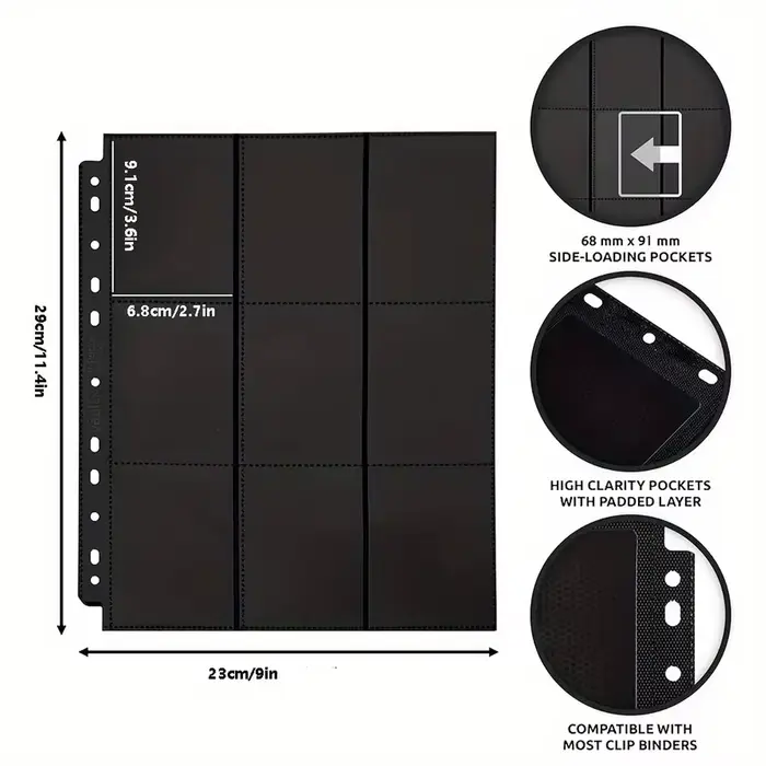 Lot de 10 pochettes noires à 9 compartiments pour classeur de cartes A4