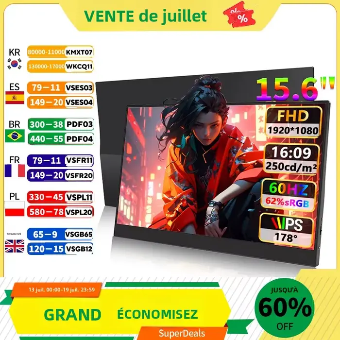 Moniteur portable 15, 6'' FHD 1080P ultra-fin pour jeux