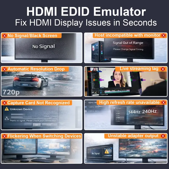Émulateur HDMI EDID avec fonction de passage de signal, Affichage virtuel 1080p@60Hz, Gestionnaire EDID fiable pour prolongateur HDMI, KVM, récepteur et répartiteur AV