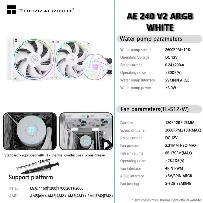 Thermalright AQUA ELITE 240 V2 noir/blanc CPU liquide refroidisseur 5V 3PIN ARGB Halo ventilateur radiateur de refroidissement par eau LGA1700 2011 115x AM5