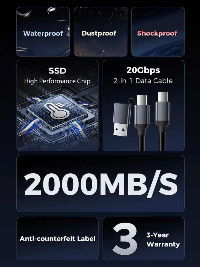ORICO Mecha-Disque SSD externe portable, SSD 2000 Mbps, 2 To, 1 To, USB 3.2, Gen2 Type-C, PSSD pour 