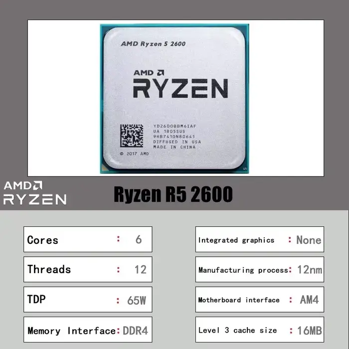 Processeur de bureau AMD R5 2600 6 cœurs 12 threads