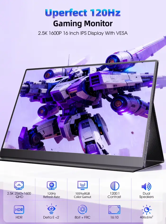 UPERFECT 2K 16" 120 Hz Écran de jeu portable avec haut-parleurs IPS 2560 x 1600 HDMI Type C pour ordinateur