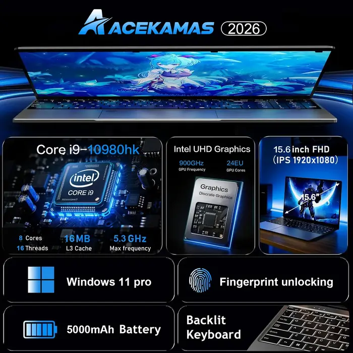 Ordinateur portable de jeu LENO 15,6 pouces, Intel Core i9 10980HK, Windows 11, RAM max 32 Go DDR4, SSD M.2 NVME 2 To, WiFi, PC portable de bureau