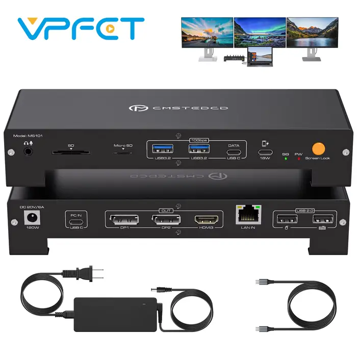 Station d'accueil USB C Triple affichage 4K @ 60Hz 1 PC partagé 3 moniteurs avec chargement PD HDMI