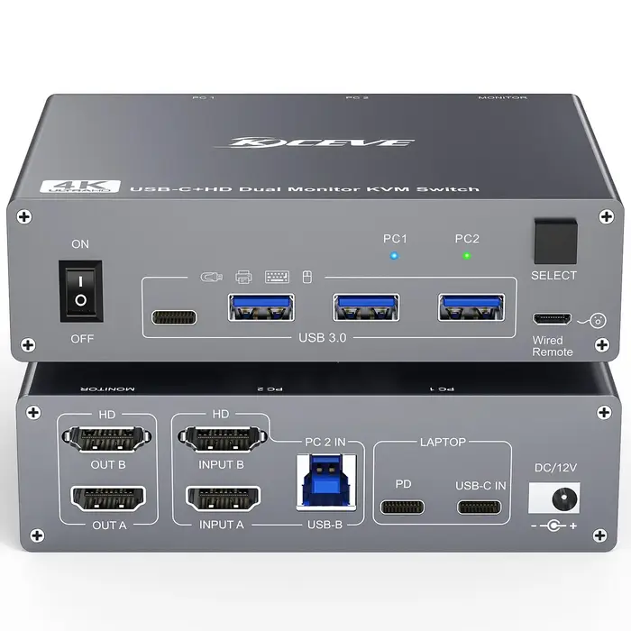 Commutateur KVM double moniteur pour ordinateur portable et bureau 4K @ 60Hz