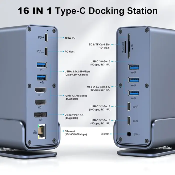 Station d'accueil pour ordinateur portable Thunderbolt4 USB C avec 2 ports USB compatibles HDMI, DP,