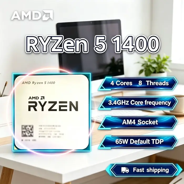 Processeur de bureau gaming AMD Ryzen 5 1400 4C 8T, 3,4 GHz Max Boost, débloqué, AM4 Zen, 8 Mo de ca