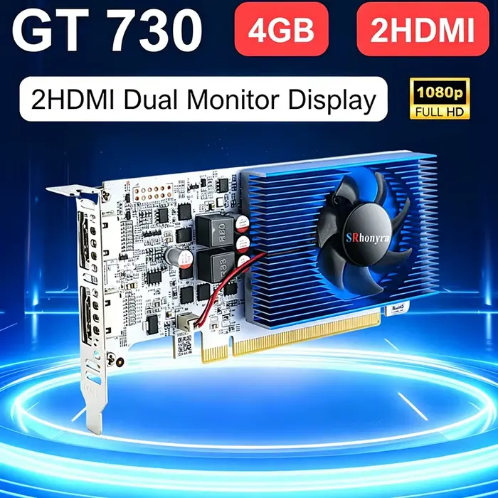 Carte graphique SRhonyra GT730 4 Go, GPU 1080P à profil bas GDDR3 2HDMI PCI-E2.0 16X