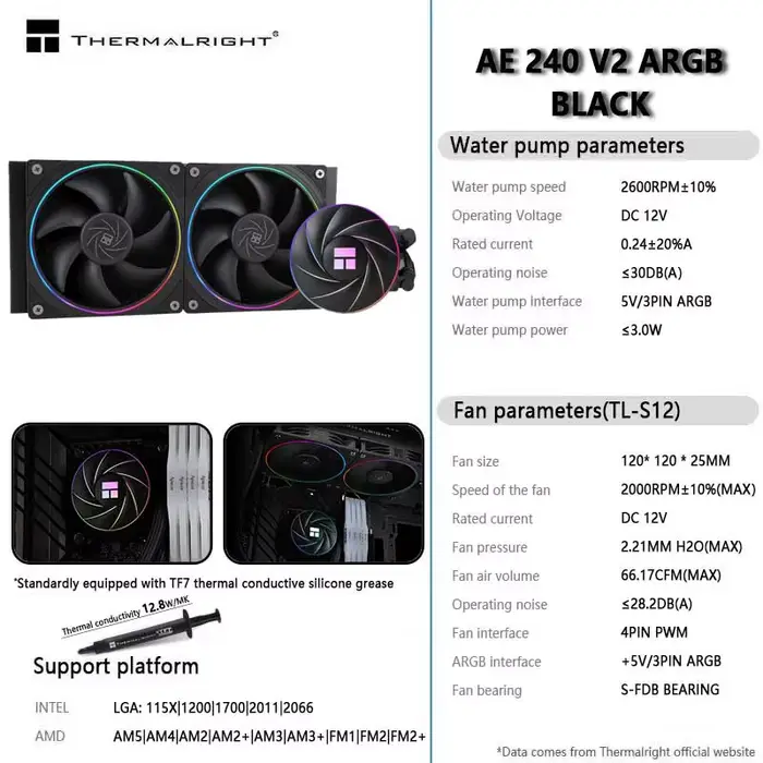 Thermalright AQUA ELITE 240 V2 noir/blanc CPU liquide refroidisseur 5V 3PIN ARGB Halo ventilateur ra