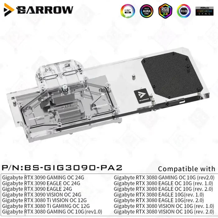 Barrow Cartes vidéo Refroidisseur d'eau BS-GIG3090-PA2 GIGABYTE 3090/3080 GAMING EAGLE cigOC GPU nui