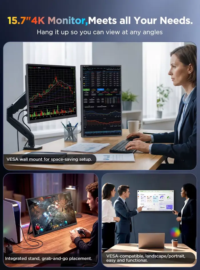 Moniteur tactile portable 4K UPERFECT 15,7 pouces (3840 x 2160 UHD) avec USB-C, HDMI, écran pour ordinateur portable, contraste 1200:1, couverture RGB 100 %, dalle IPS, tactile 10 points, double haut-