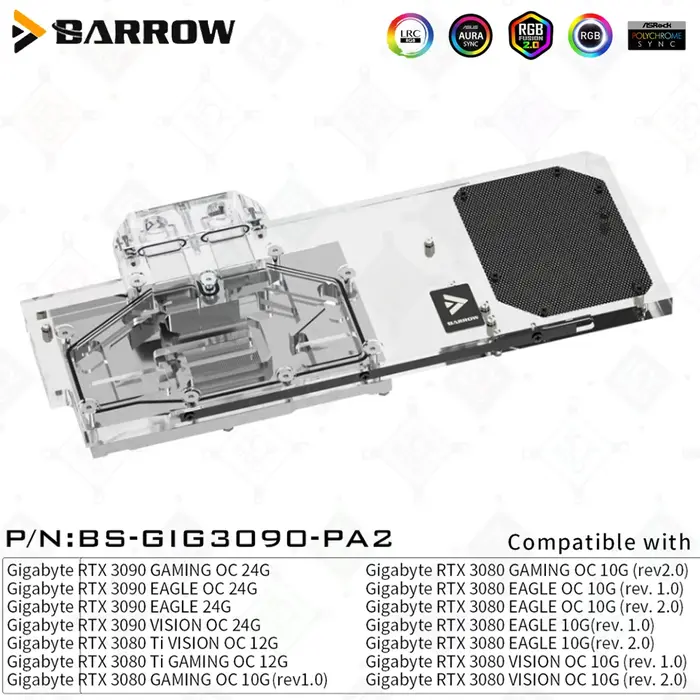 Barrow Cartes vidéo Refroidisseur d'eau BS-GIG3090-PA2 GIGABYTE 3090/3080 GAMING EAGLE cigOC GPU nuits PC