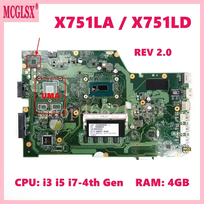 Carte mère X751LD i3 i5 i7-4e génération pour ordinateur portable Asus X751LA X751LAB