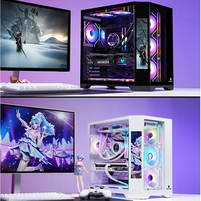 Boîtier PC Gamer WJCOOLMAN Dreamer PLUS avec écran HD 9,16 pouces, vue sur la mer, refroidisseur d'eau 360, Gabinetes Gamer
