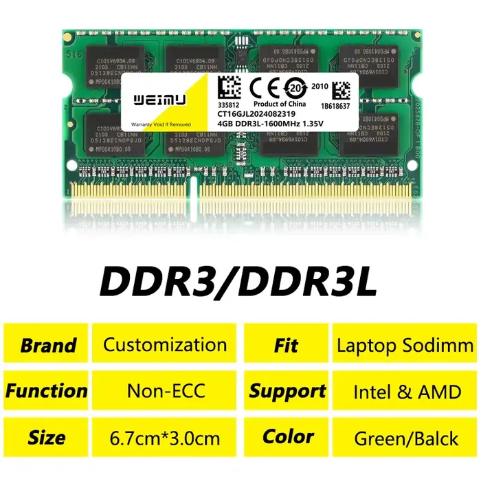 DDR3L 4GB 8GB Module de mémoire pour ordinateur portable Ram PC3 1.5V 1333 1600 1866Mhz PC3L 1.35V 8500 10600 12800