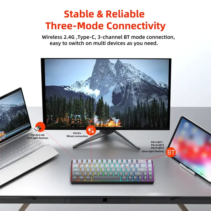 Clavier de jeu RGB V200 à 68 touches avec connectivité 3 modes compatible avec plusieurs appareils