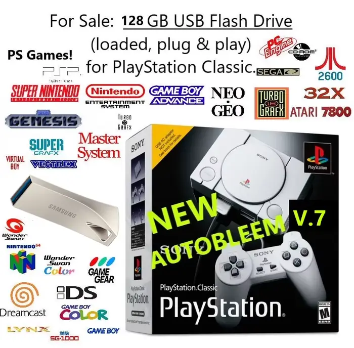 Clé USB 128 Go U-Disk pour jeux PlayStation Classic 8379 + 182 jeux PS1 Plug & Play avec câble Micro